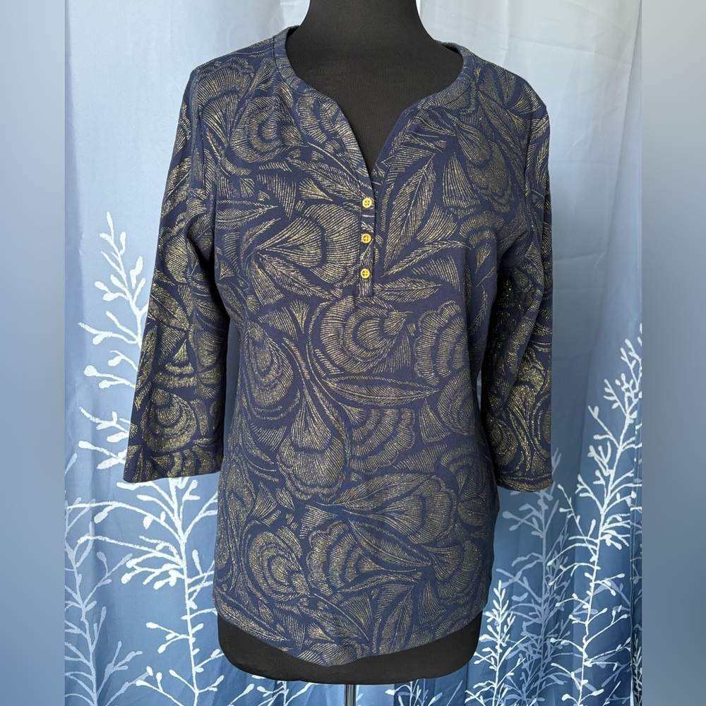 Karen Scott Navy and Gold Abstract Floral Blouse